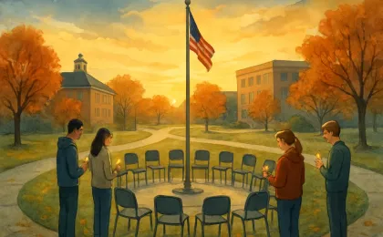 Students in a campus memorial setting with candles and flowers near a flagpole at sunrise