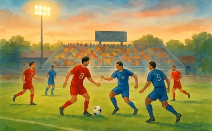 A stylized illustration of a soccer match at a small college stadium with players near midfield under stadium lights and a seated crowd in the background.