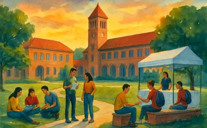 Students gathered in a campus courtyard, collaborating near a fundraising station for a scholarship event.