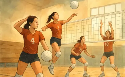 Illustration of a college volleyball match in an indoor gym with players preparing at the net and a serving moment in motion