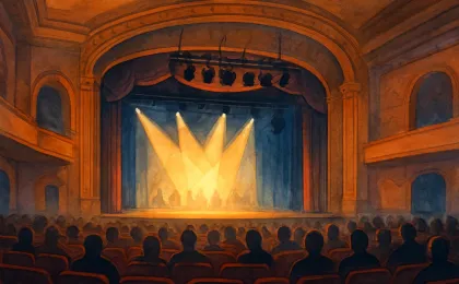 Interior view of a historic theater with stage lights and a prepared concert stage.