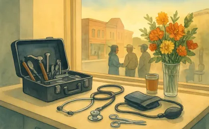 An original illustration showing a biomedical technician’s tools and a community gathering scene in a small-town setting.