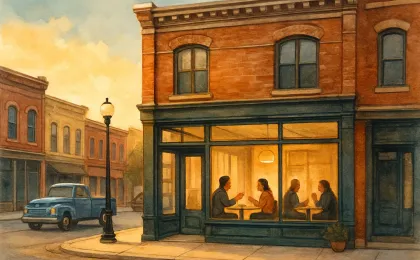 A Kansas downtown scene showing a historic-style coffee shop with people gathered inside and friendly conversation at small tables.