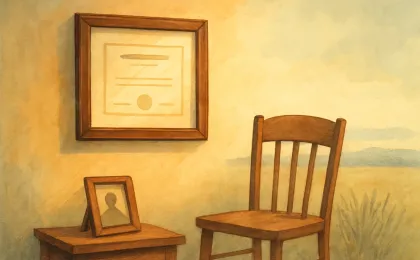 A framed diploma on a wall with warm light and a quiet, reflective background suggesting remembrance and perseverance.