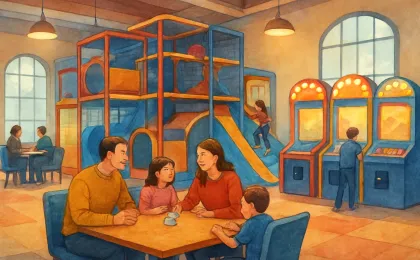 An original illustration of a warm indoor play-and-arcade space where families gather and children play.
