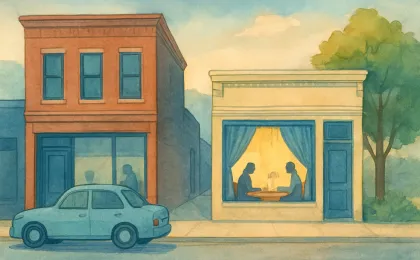 Downtown Great Bend illustration with two neighboring buildings and a calm, supportive office setting across an alley