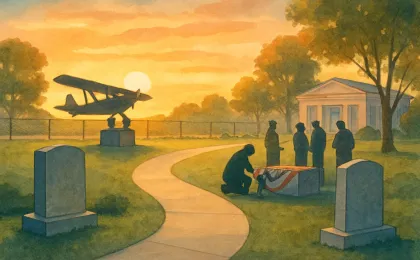 Sunset scene of memorials in a Kansas community park with visitors laying flowers near an aviation display.
