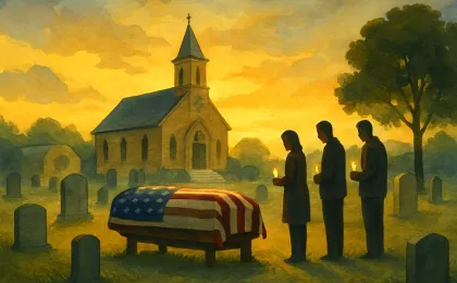 Respectful memorial scene in a Kansas-style cemetery with a church in the background and subtle community motifs.