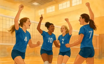 Illustration of a volleyball team celebrating after winning a tournament in a gym setting