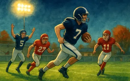 A nighttime high school football scene showing a quarterback sprinting as teammates celebrate and opponents regroup.