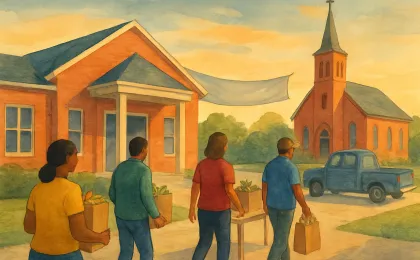 Volunteers coordinating food donations between a community space and a church-like building in Hays