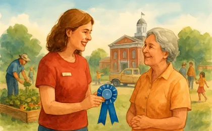 A volunteer presenting a ribbon-style award to a local community member during a small-town gathering near public spaces and a community garden.