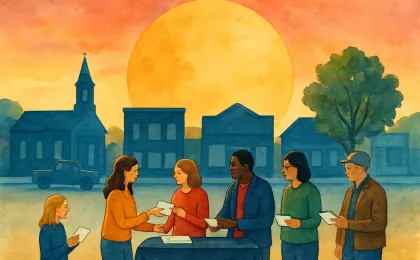 People in a Kansas town square donate to nonprofits at a central table under a matching-funds themed backdrop.