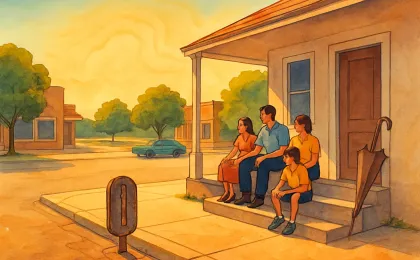 People taking shade on a Kansas street as a prolonged heat wave radiates off the pavement.