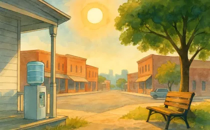 A shaded sidewalk scene suggesting summer heat safety with water and cooling shade elements