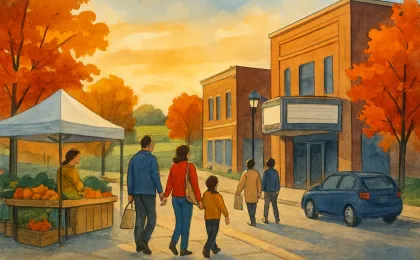 Illustration of a Kansas downtown fall scene with a farmers market, music venue atmosphere, and community activities.