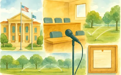 A peaceful illustration of city hall meetings and a nearby park with irrigation, conveying orderly local government work in Hutchinson.