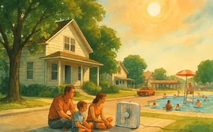 A hot, dry Kansas afternoon scene with a family using a fan to cool off and people relaxing at outdoor pools under bright sun.