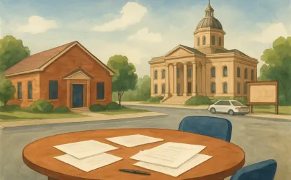 Illustration showing a town civic building, a courthouse, and documents laid out for an election process