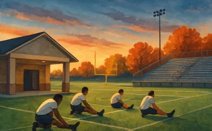 Evening illustration of a football field and athletes training near a weight-room entrance, suggesting preparation for a new season.