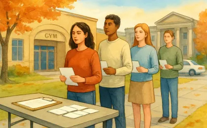 Illustration of students and a civic volunteer registration table outside a school, with gift-card envelopes placed on the table and election-focused atmosphere.
