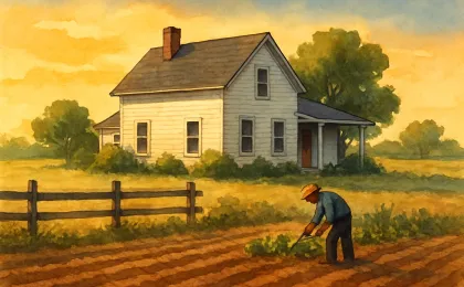 Rural Kansas farmhouse and fields at sunset with a person tending a garden.