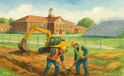 Illustration of a school expansion groundbreaking with fencing, construction equipment, and nearby bleachers for erosion control