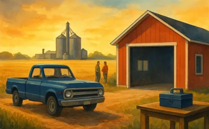 Rural Kansas field with a grain facility and community firehouse setting at sunset, suggesting farming life and volunteer service.