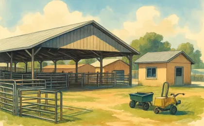 Illustration of an open-sided animal exhibit building at a county fairgrounds with pens and fair preparation elements