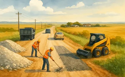 Illustration of a rural county road being patched with gravel and limestone, with a maintenance machine and workers along a gravel roadway