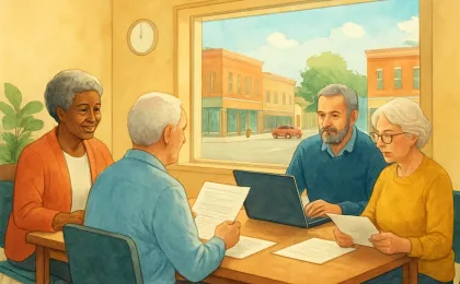 Illustration of an advisor helping older adults review job opportunities in a welcoming senior center meeting room.