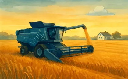 A Kansas farm scene showing harvest activity, AI-inspired patterns on equipment, and weather context in the sky.