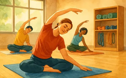 Illustration of a university gym studio with a small group practicing controlled stretching on mats and fitness equipment nearby.
