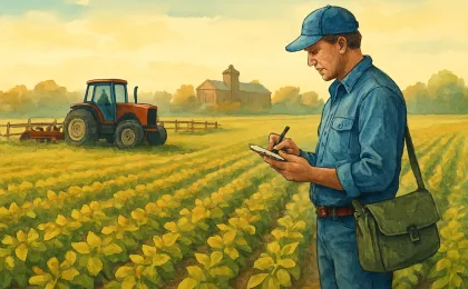 Illustration of a farmer scouting a soybean field with farm equipment nearby and extension-style agriculture in the background.