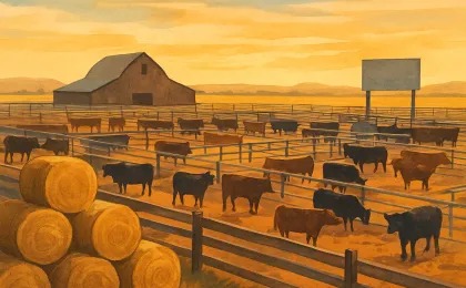 An illustrated Kansas feedlot scene with cattle pens and stacked hay bales at sunset.