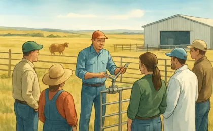 A community field day scene near a livestock pen and pasture, with producers and veterinarians gathered for an educational demonstration