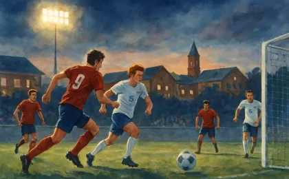 Illustration of a nighttime college soccer match with stadium lights, campus buildings in the background, and fans watching.