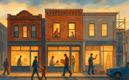 Illustration of a revitalizing downtown street with renewed storefront activity and renovation underway