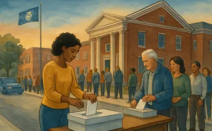 People in Kansas cast ballots in an orderly polling place with a secured ballot tray on a table indoors.