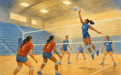 Illustration of a college volleyball match in an indoor arena, showing players setting and jumping near the net during a serve.