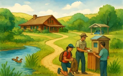 Outdoor scene with a state park lodge, parking area, and water habitat representing updated Kansas wildlife and park rules.