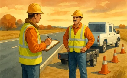 A reflective safety-gear highway maintenance scene with a small crew and roadside equipment, suggesting employee recognition in Kansas.