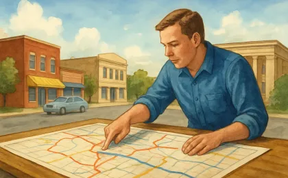 A Kansas town street scene showing a transportation map and a citizen reviewing routes for public input.
