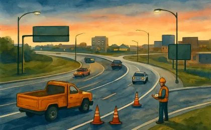 An illustrated Kansas highway intersection with construction cones and crews improving road connections at dusk.