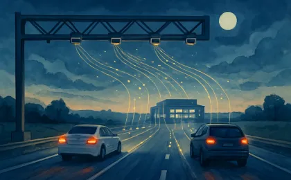 Artwork showing a highway sensor system at night with glowing traffic infrastructure elements under an overhead gantry