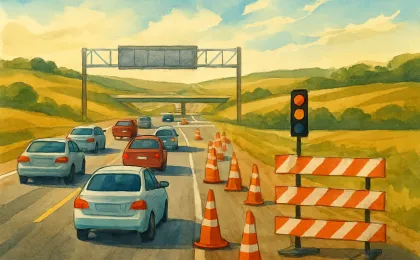 Illustration showing vehicles approaching lane reductions and a one-lane bridge construction zone near an interchange.