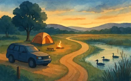 Illustration of a Kansas state park campsite and marsh habitat connected by a path representing updated rules