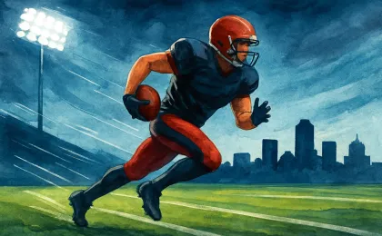 Illustrated football player celebrating on a stadium field with a stylized skyline backdrop