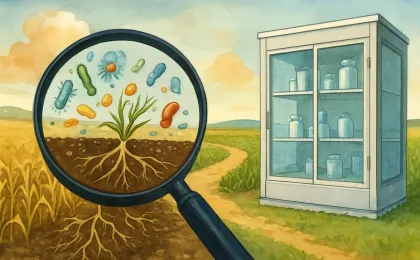 Illustration of a research lab and field where microscopic soil fungi are linked to crop roots to suggest drought-tolerance research.