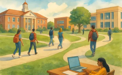 Illustration of students on a university campus with a blended in-person and online learning focus.